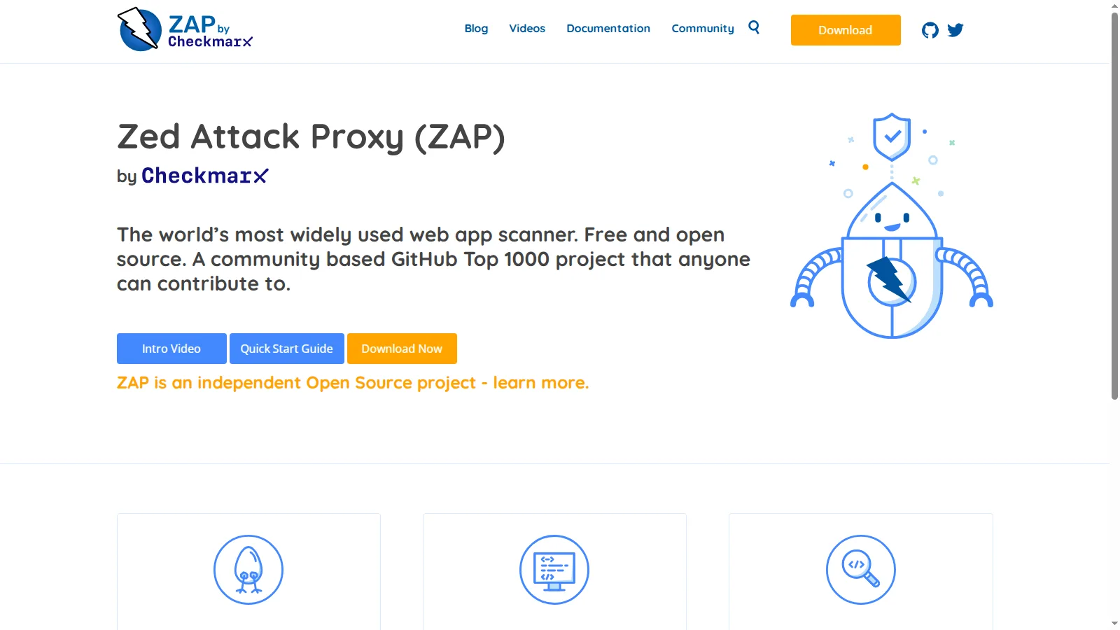ZAP by Checkmarx web app scanner ZAP by Checkmarx homepage describing Zed Attack Proxy as a free and open source web app scanner