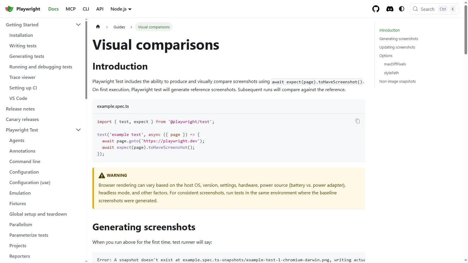 Playwright visual comparisons documentation Playwright documentation page for visual comparisons showing toHaveScreenshot snapshot testing