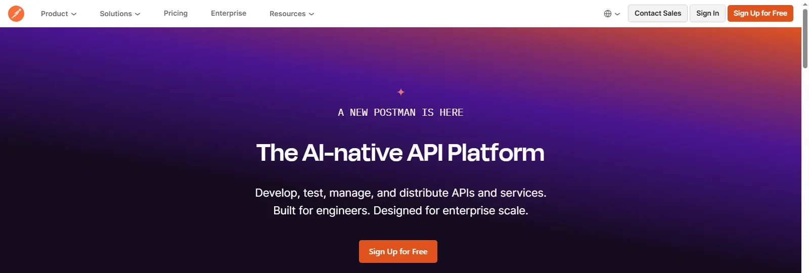 Postman API platform Postman homepage describing an AI-native API platform to develop, test, manage, and distribute APIs