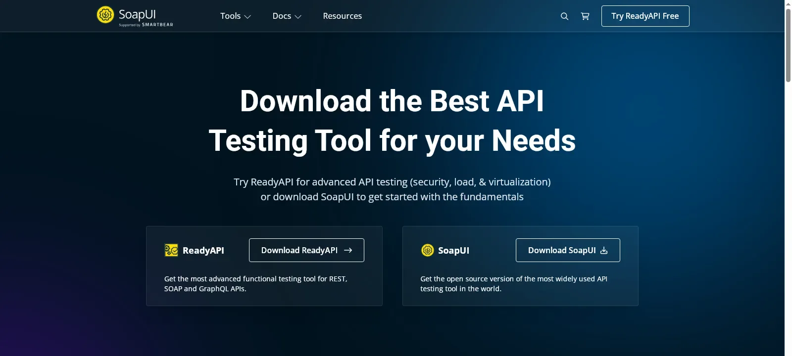 SoapUI open-source API testing SoapUI website offering the open source SoapUI download alongside the commercial ReadyAPI edition