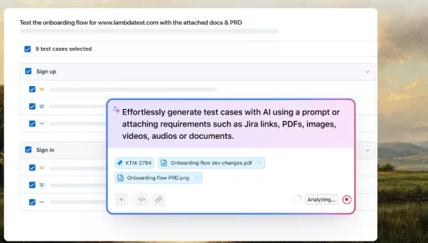 TestMu AI Test Manager generating test cases from a Jira ticket and attached PRD, with sign up and sign in case groups selected