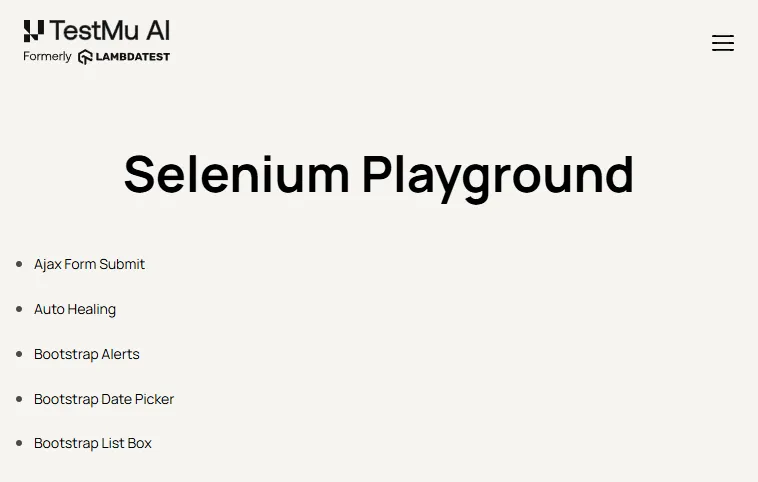 TestMu AI Selenium Playground rendered in a Chrome on Windows 11 browser environment provisioned on demand from the TestMu AI cloud