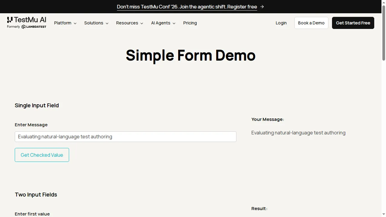 Locator resilience run on the TestMu AI cloud grid Selenium Playground simple form demo executed on the TestMu AI cloud grid, showing the submitted message rendered in the results panel