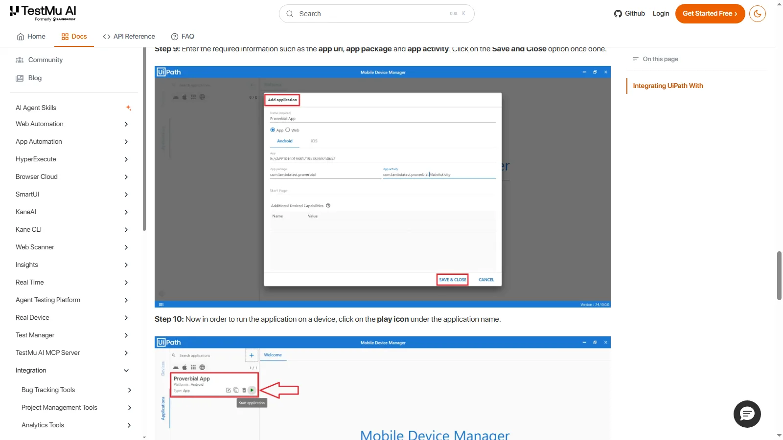 Registering the application under test in UiPath Mobile Device Manager UiPath Mobile Device Manager Add application dialog showing the app URL, app package, and app activity fields filled in for an Android build