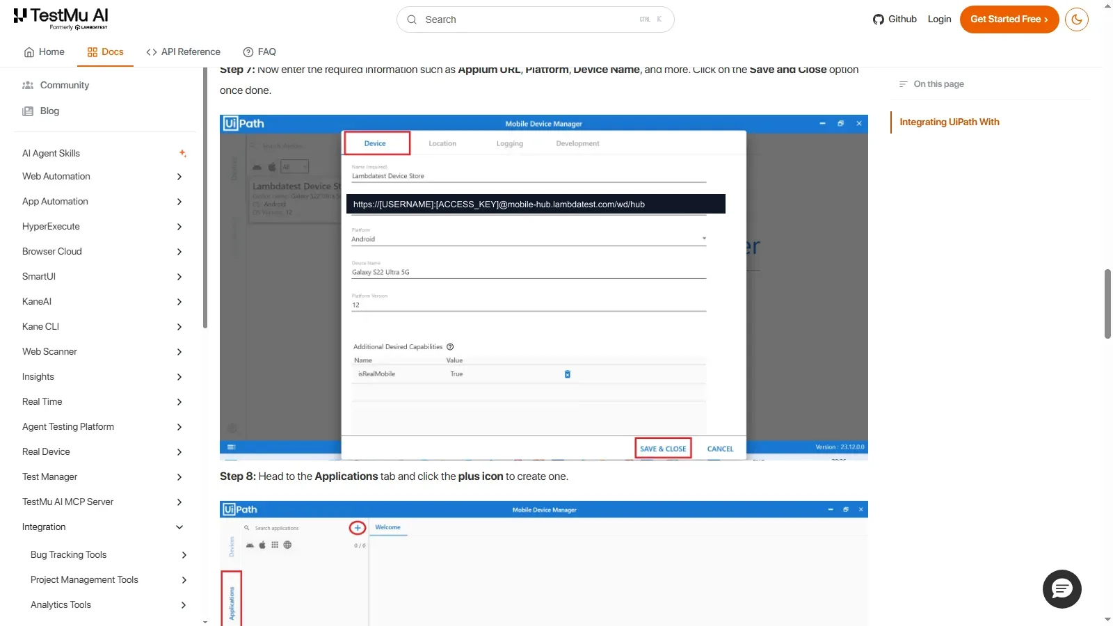 Adding a cloud device in the UiPath Mobile Device Manager UiPath Mobile Device Manager device dialog with the Appium URL, Platform set to Android, Device Name Galaxy S22 Ultra 5G, and an isRealMobile capability