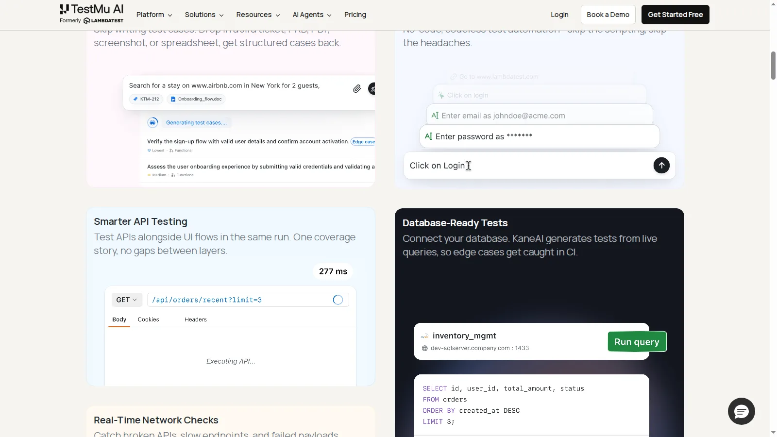 KaneAI running UI, API, and database checks in one flow KaneAI panels showing plain-English step authoring, API testing alongside UI flows, and a database query check in the same test run