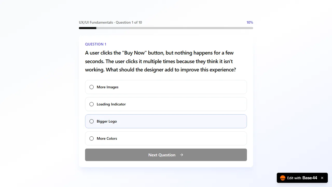 The state a reload discards, captured immediately before the refresh A Base44-built quiz app mid-flow showing UX/UI Fundamentals, Question 1 of 10, a 10 percent progress bar, four radio-button answers and a greyed-out Next Question button, with an Edit with Base44 badge in the bottom-right corner.