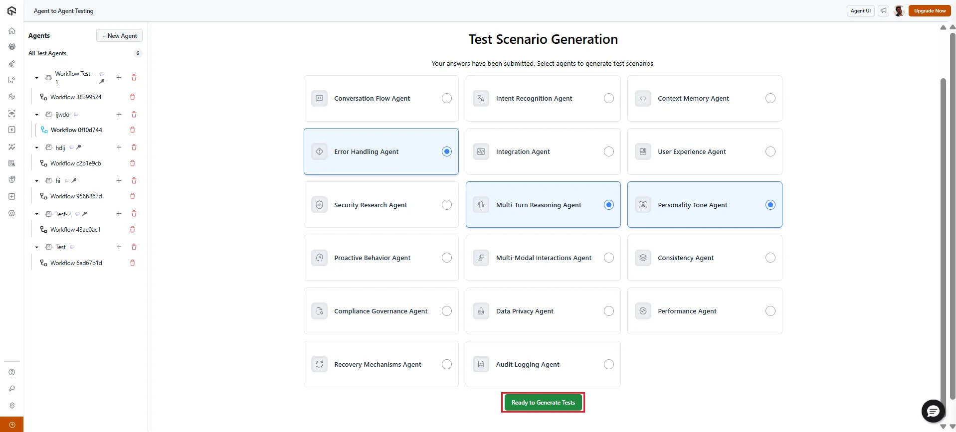 TestMu AI Agent Testing scenario generation screen with categories such as Error Handling Agent, Multi-Turn Reasoning Agent, and Personality Tone Agent selected