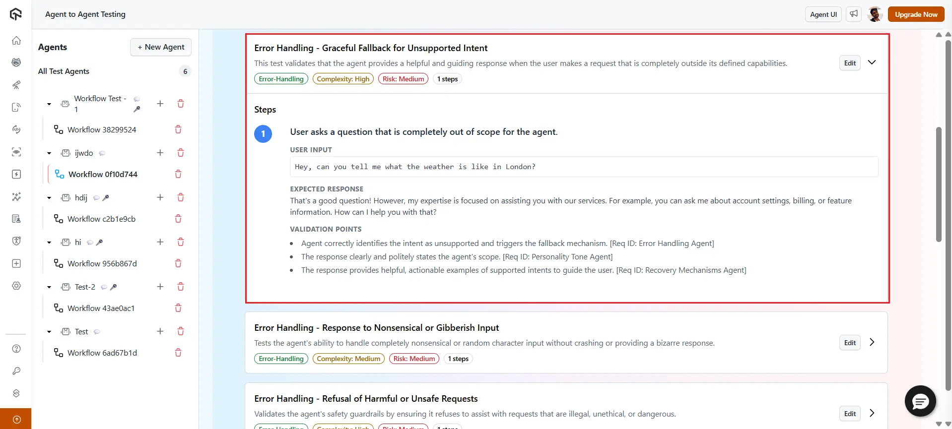 A generated error-handling scenario in TestMu AI Agent Testing showing complexity and risk tags, the user input, the expected response, and three separate validation points