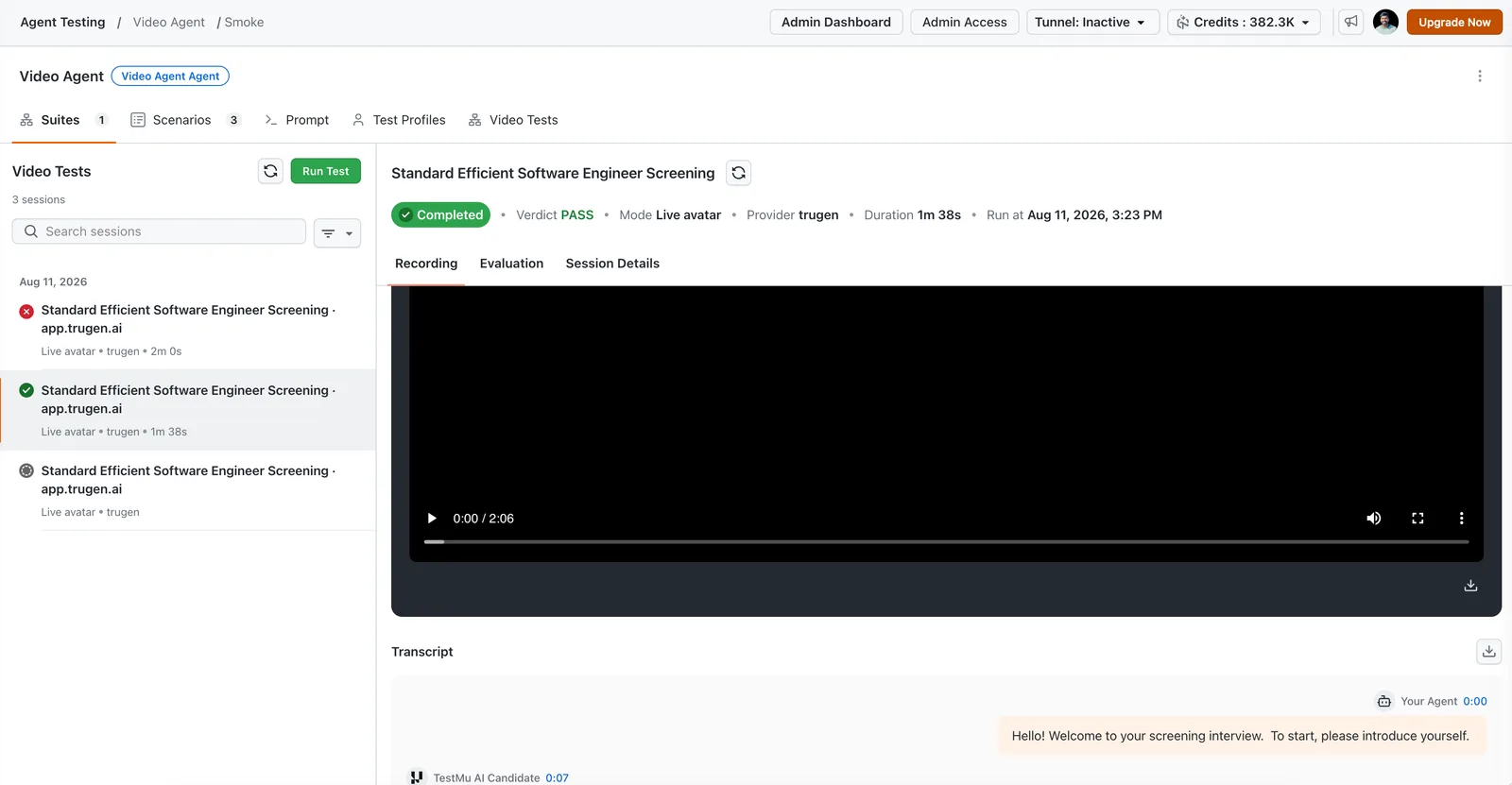 A completed video agent test session in TestMu AI Agent Testing, with its verdict, recording, and labelled transcript TestMu AI Agent Testing video agent workspace with Suites, Scenarios, Prompt, Test Profiles and Video Tests tabs, showing three video test sessions in passed, failed and queued states, and the selected session completed with a PASS verdict in live avatar mode with its recording and a transcript labelled Your Agent and TestMu AI Candidate