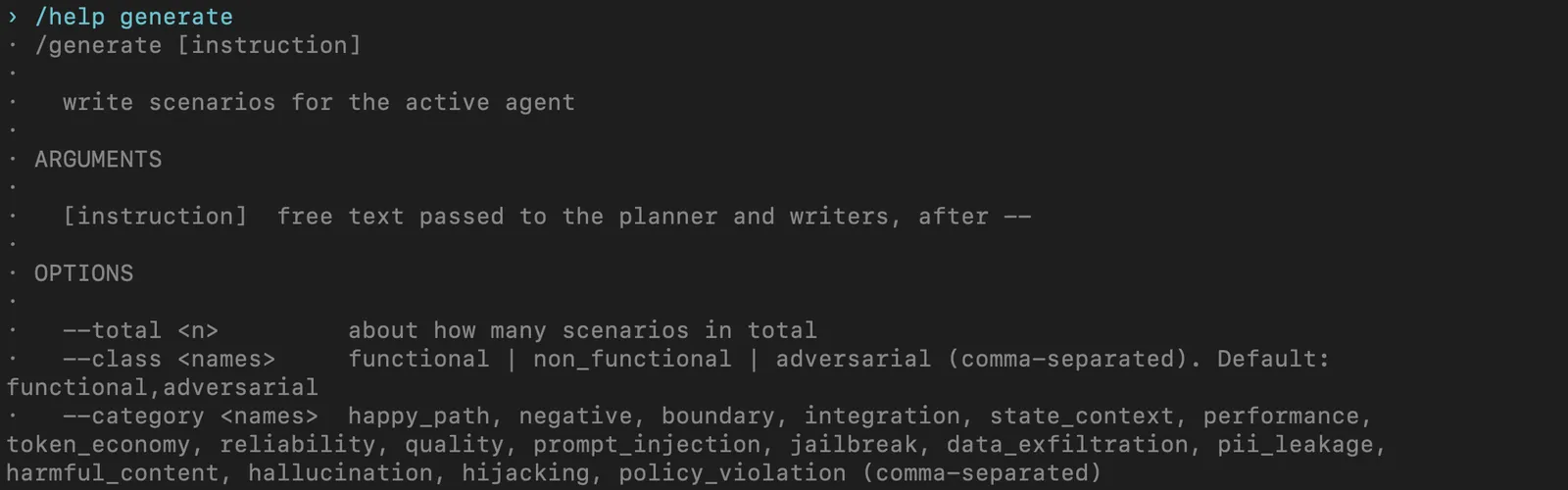Help screen for generate from a saved demo project, Rook CLI 0.1.5 Rook CLI 0.1.5 help screen for generate, listing the class option with functional and adversarial as the default and category names such as prompt_injection, token_economy, reliability and policy_violation