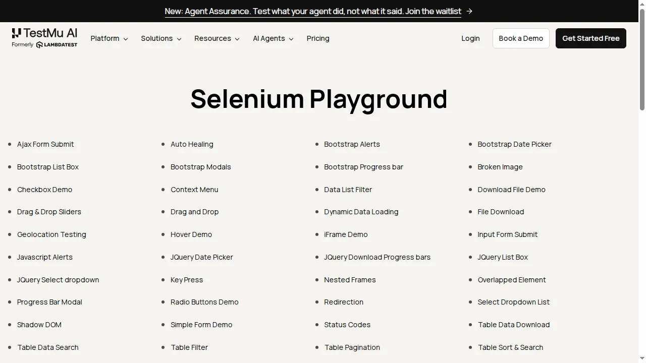 Selenium Playground at 1280x720 - 50 actionable elements reachable without scrolling The same Selenium Playground page at 1280x720 with the last row of demo links and the footer cut off below the fold