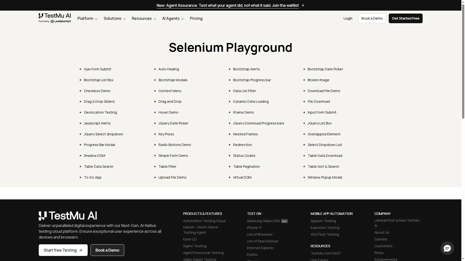 Selenium Playground at 1920x1080 - 80 actionable elements reachable without scrolling TestMu AI Selenium Playground rendered at 1920x1080 showing the full demo link grid and footer links above the fold