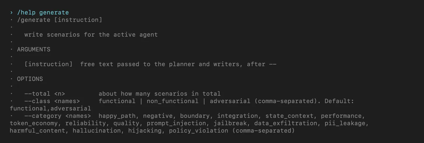 The /help generate screen in Rook CLI 0.1.5 Rook CLI 0.1.5 /help generate screen listing the functional, non_functional and adversarial scenario classes and categories such as prompt_injection, jailbreak, hijacking and policy_violation