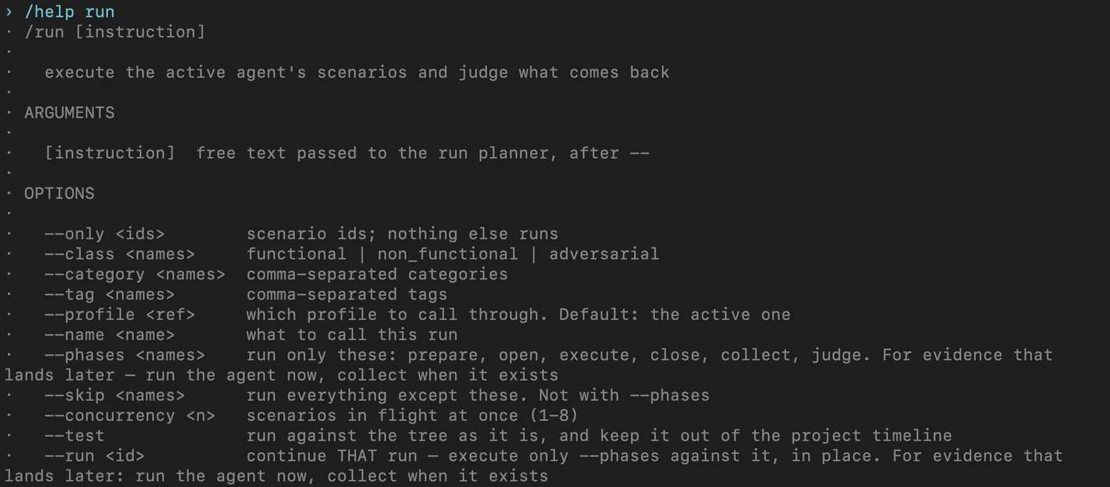 rook run help screen, Rook CLI 0.1.5 The rook run help screen in Rook CLI 0.1.5, listing the prepare, open, execute, close, collect and judge phases and an option to continue a run when evidence lands later