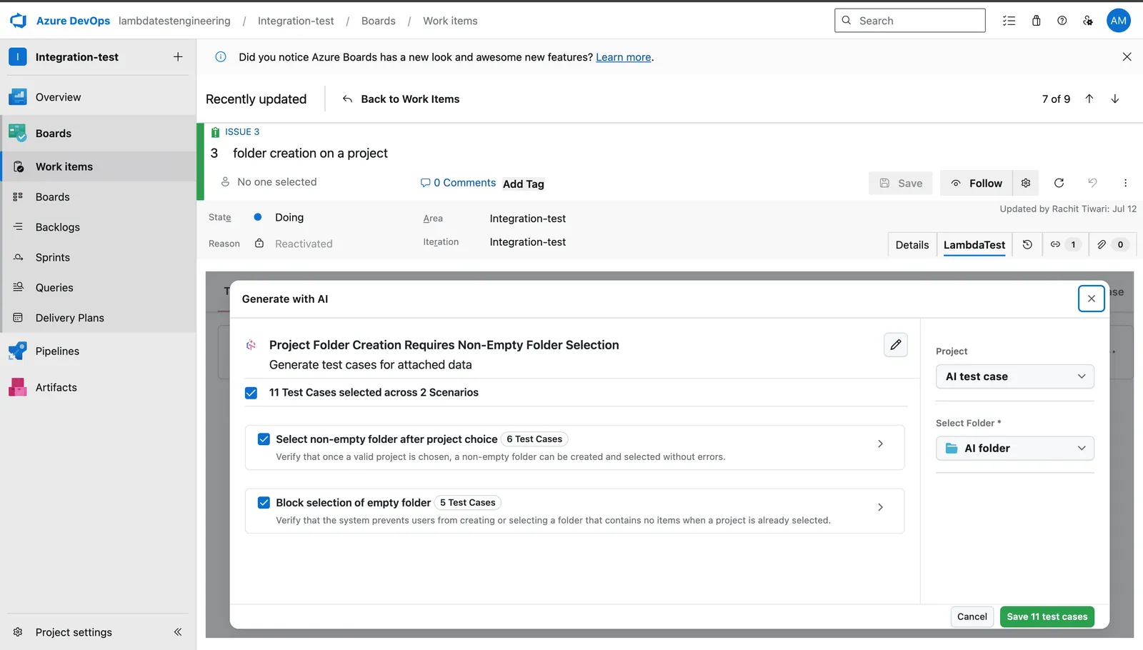 TestMu AI Test Manager extension inside an Azure DevOps work item generating 11 test cases across two scenarios with a Save 11 test cases button