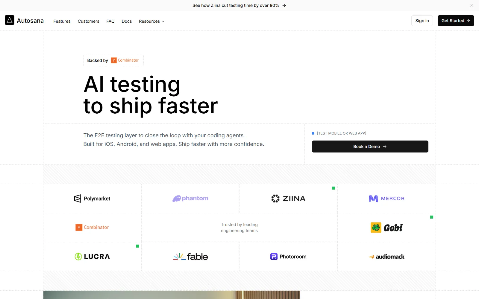 Autosana AI testing for iOS, Android, and web Autosana home page describing an end-to-end testing layer for coding agents across iOS, Android, and web apps