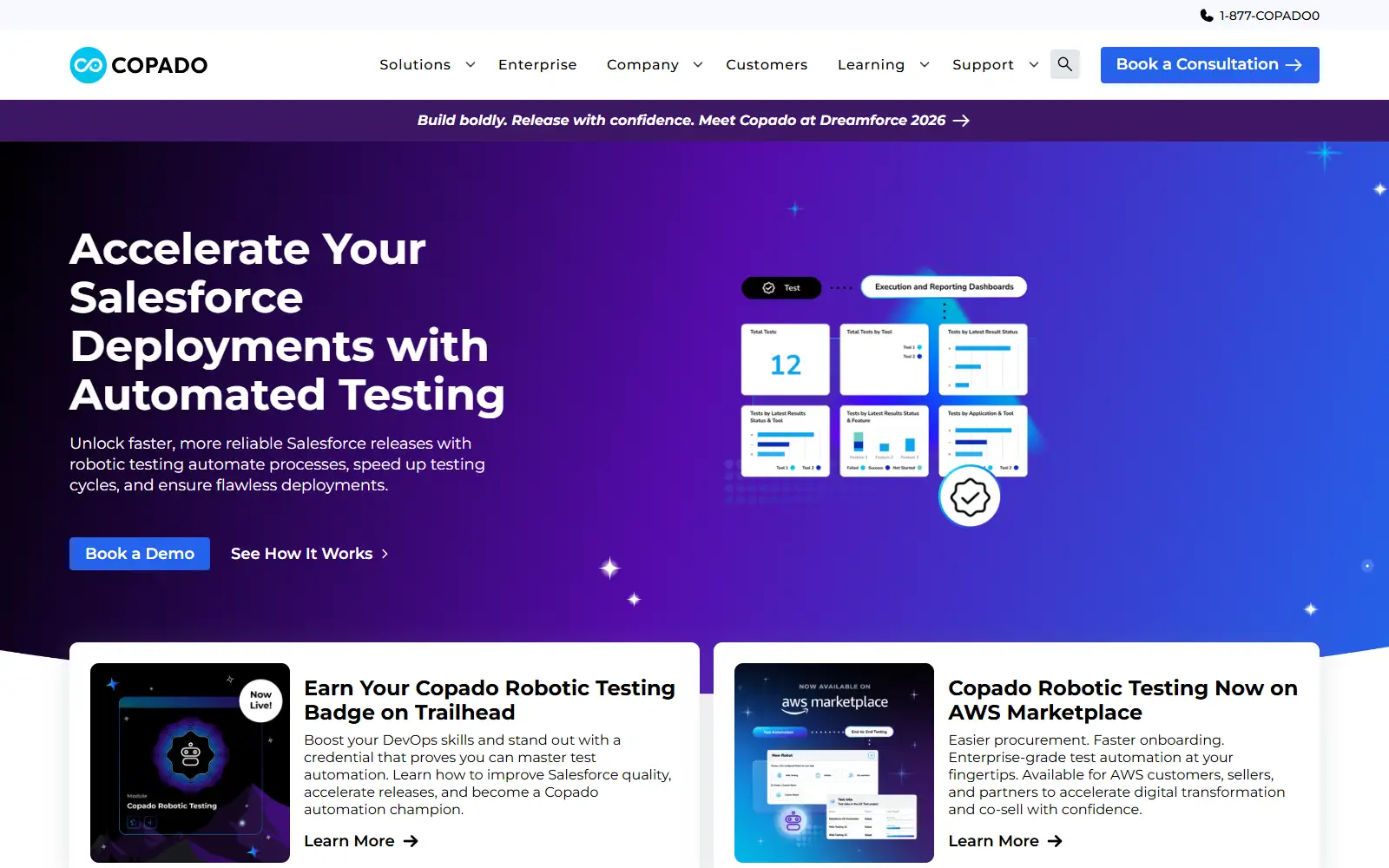 Copado Robotic Testing for Salesforce Copado Robotic Testing page about accelerating Salesforce deployments with automated testing