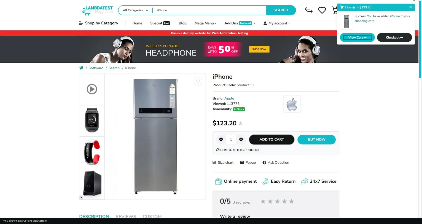 Kane CLI run on the Ecommerce Playground, clicking View Cart Kane CLI run on the TestMu AI Ecommerce Playground, with the View Cart link the agent clicked outlined in red after the iPhone product was added to the cart