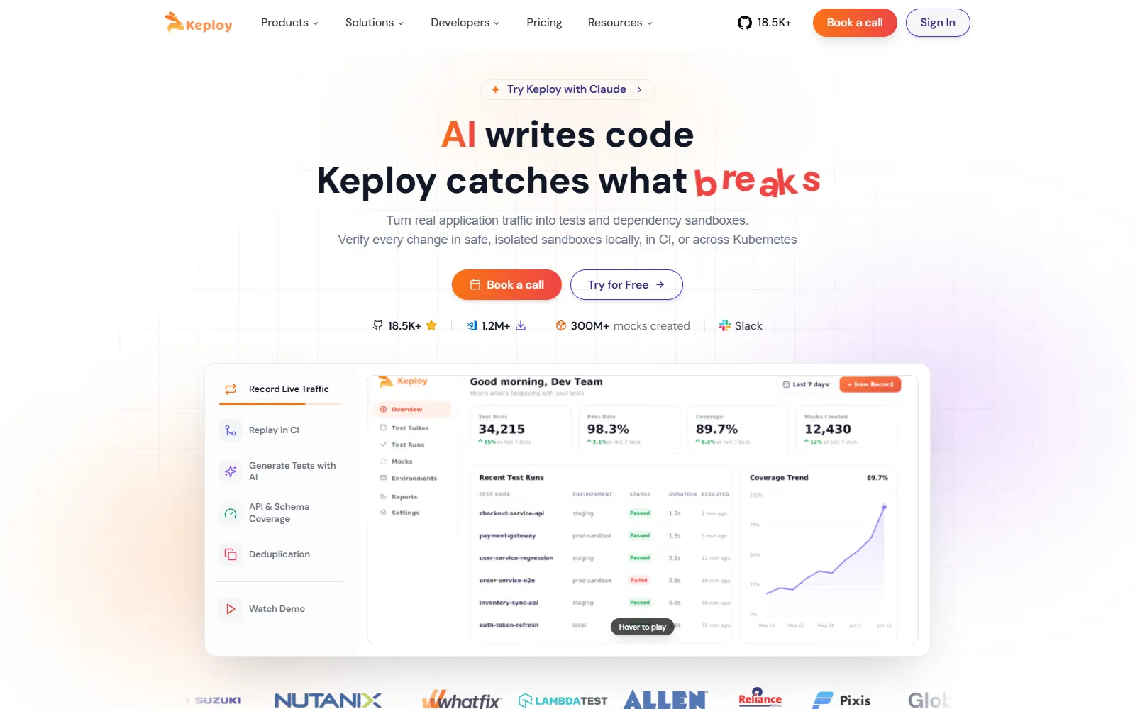Keploy traffic-to-test API testing Keploy home page describing AI code verification that turns real application traffic into tests and dependency sandboxes