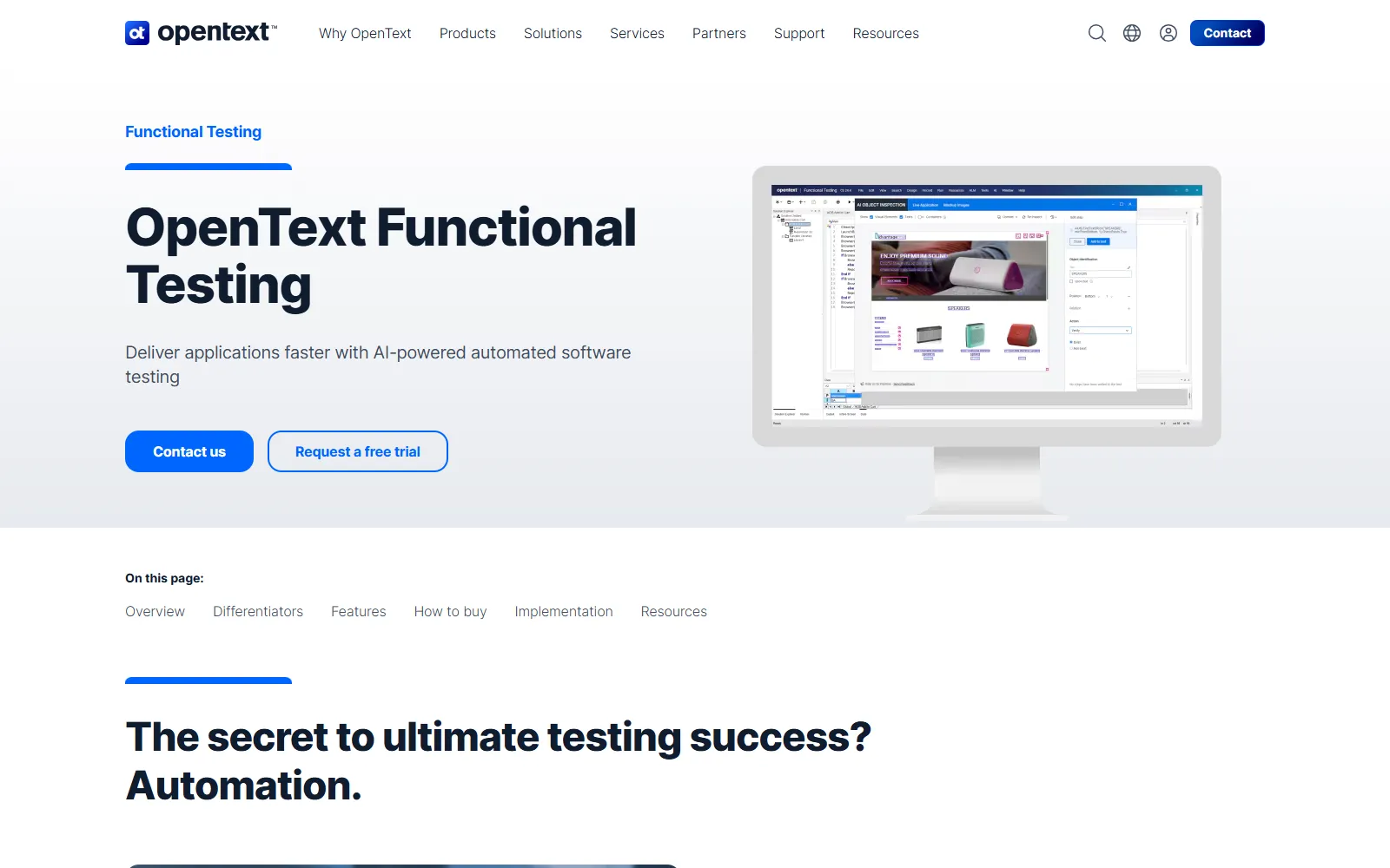 OpenText Functional Testing OpenText Functional Testing product page promoting AI-powered automated software testing