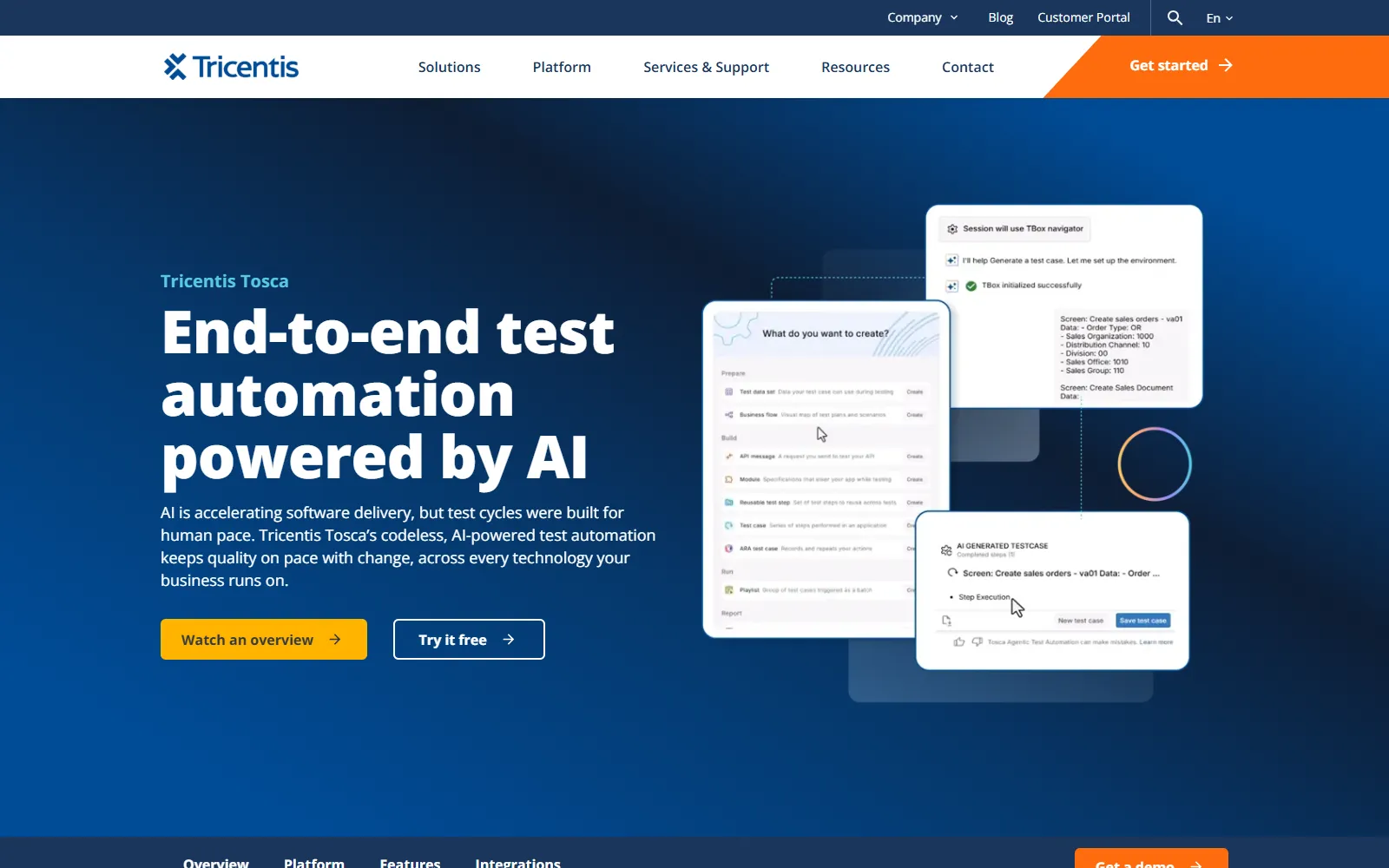 Tricentis Tosca agentic test automation Tricentis Tosca page presenting end-to-end test automation powered by AI with an agent-generated SAP test case