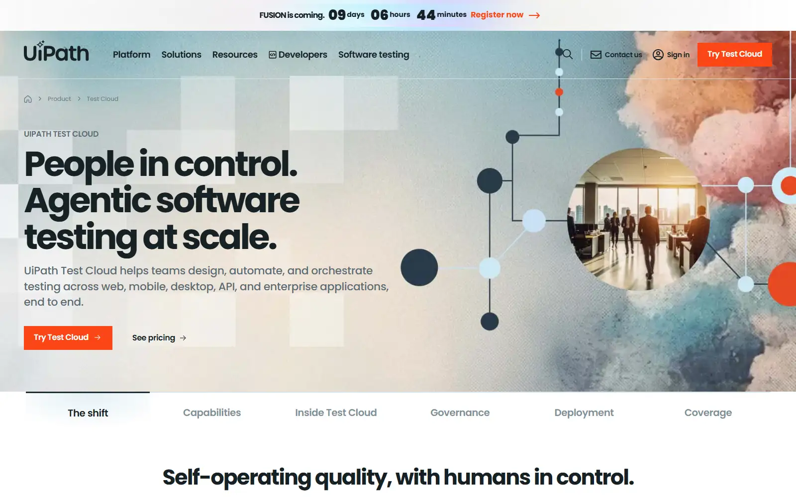 UiPath Test Cloud agentic software testing UiPath Test Cloud page describing agentic software testing across web, mobile, desktop, API, and enterprise applications