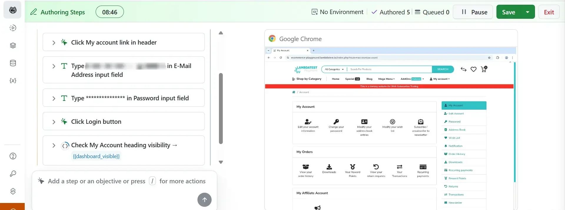 KaneAI - a five-step login test authored in natural language KaneAI authoring view with five steps of a login test written in natural language, including a visibility assertion stored as a variable, beside the live browser running the Ecommerce Playground