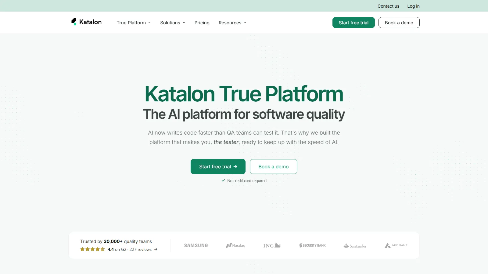 Katalon True Platform Katalon True Platform homepage describing its AI platform for software quality