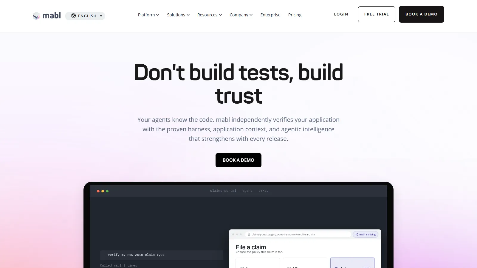 mabl agentic testing platform mabl homepage describing agentic testing that verifies applications using application context