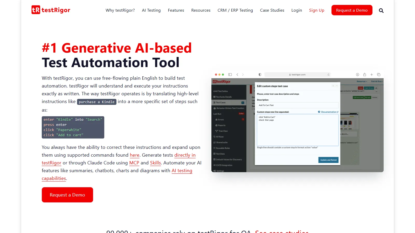 testRigor plain-English test automation testRigor homepage showing plain-English test steps next to its custom test case editor