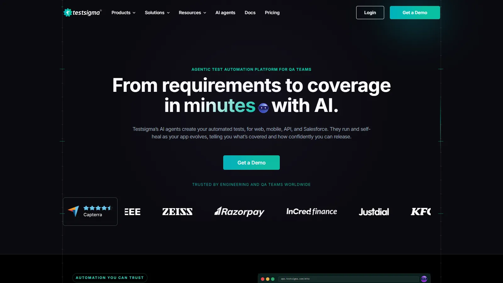 Testsigma agentic test automation platform Testsigma homepage describing its agentic test automation platform that creates tests for web, mobile, API, and Salesforce