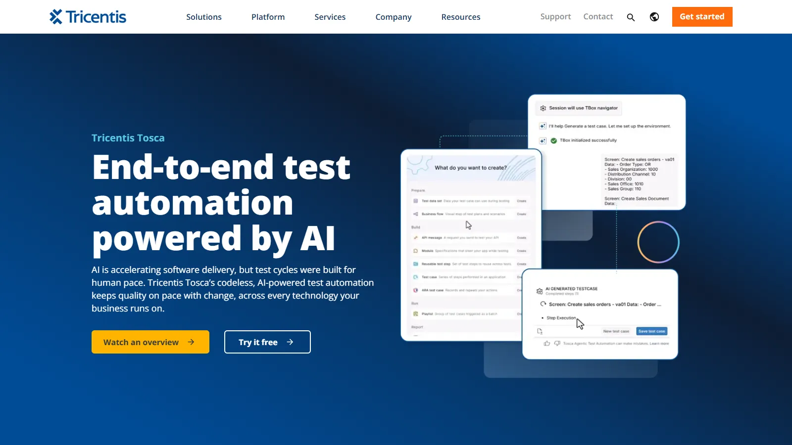 Tricentis Tosca codeless test automation Tricentis Tosca page describing codeless, AI-powered end-to-end test automation
