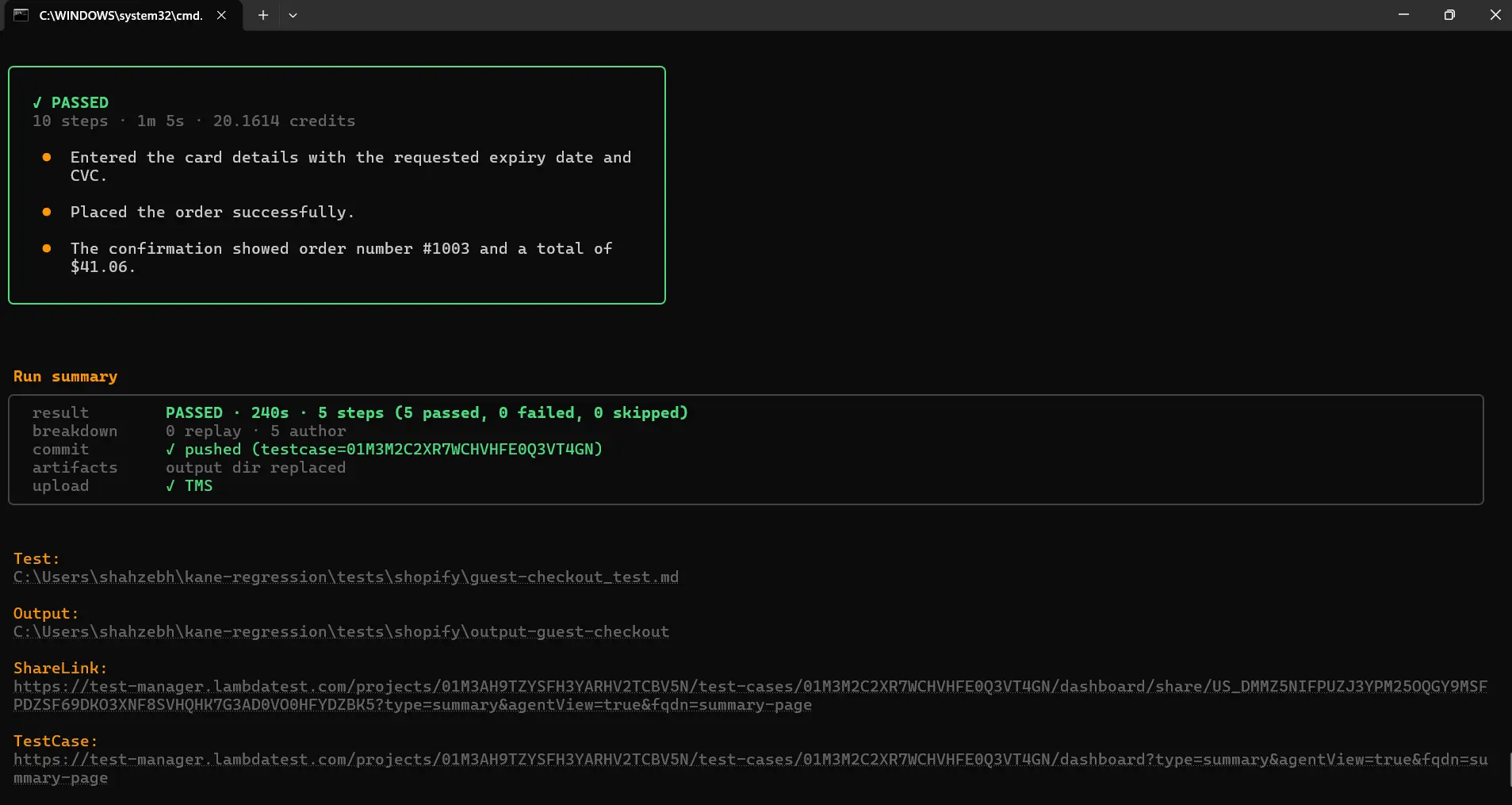 End-to-end checkout journey: order placed on the TestMu AI e-commerce playground Order confirmation page reading Your order has been placed, captured at the end of a Playwright end-to-end run on the TestMu AI cloud grid