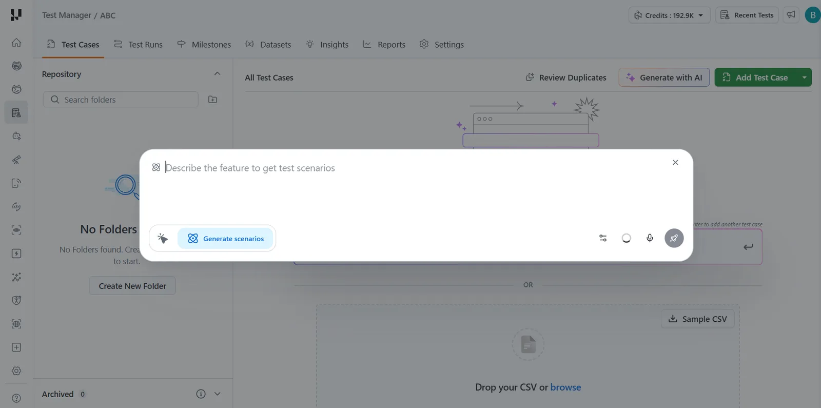 TestMu AI Test Manager - generate test scenarios with AI TestMu AI Test Manager Generate with AI dialog asking to describe a feature to get test scenarios, with a Generate scenarios button