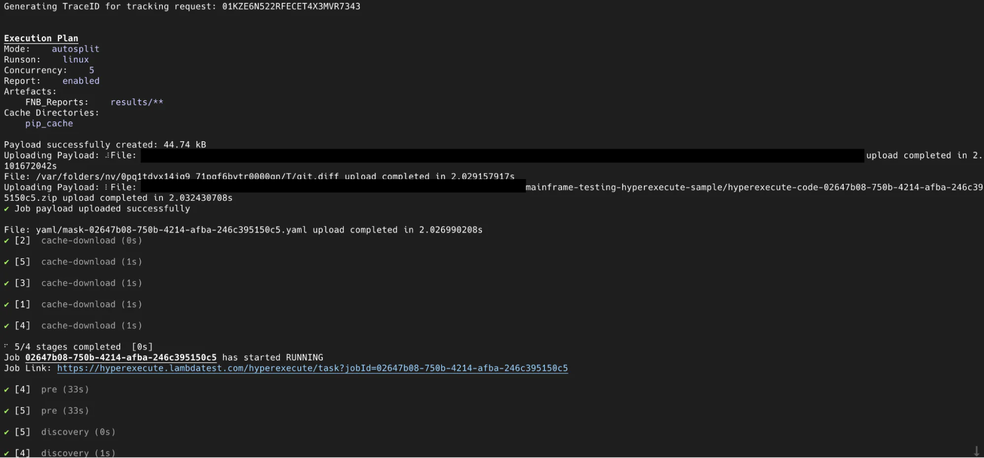 Mainframe job submitted to HyperExecute in autosplit mode HyperExecute CLI execution plan for the mainframe job in autosplit mode on Linux with a concurrency of 5, followed by the payload upload and cache download stages