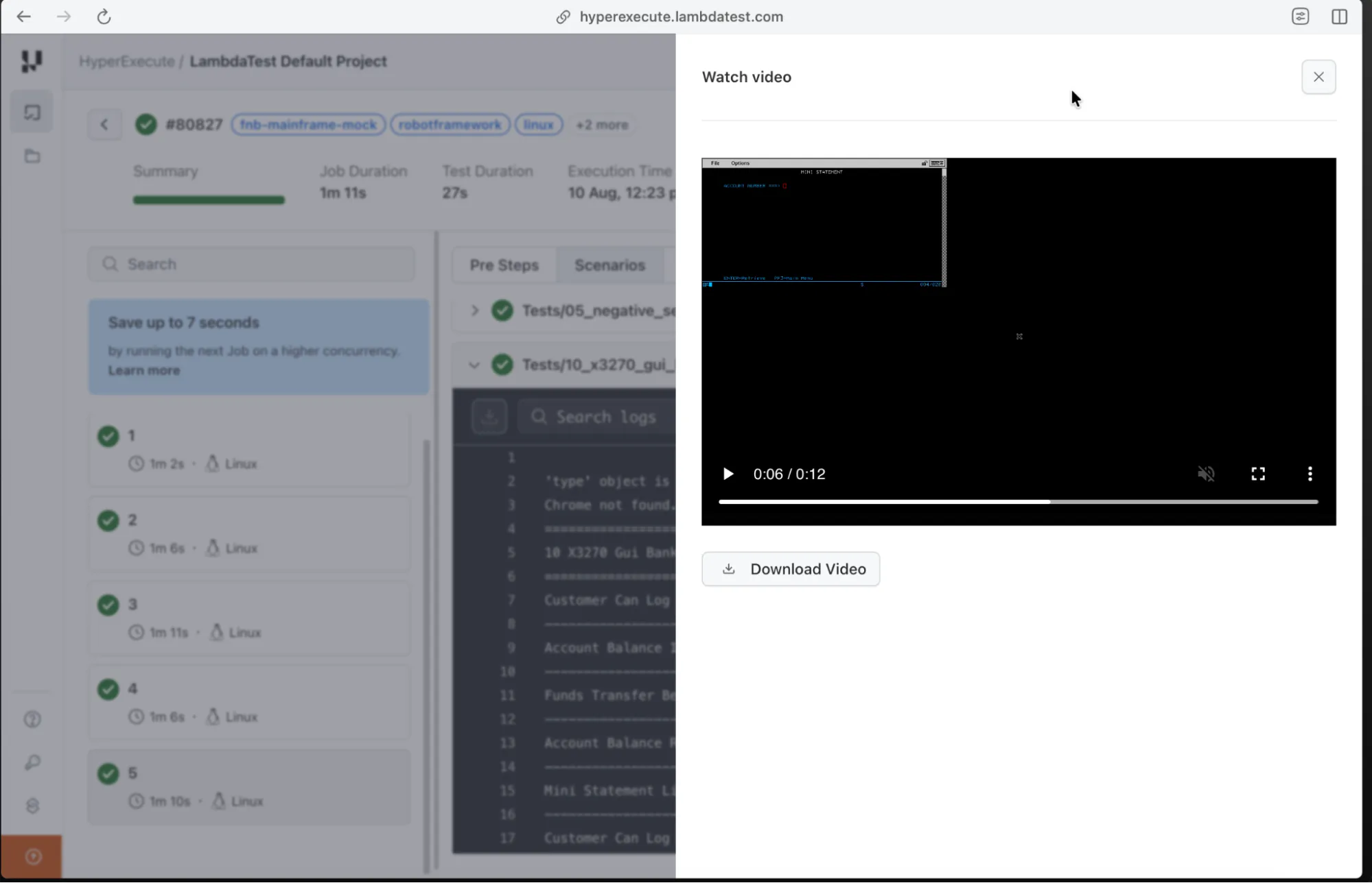 Video recording of the x3270 GUI banking test on HyperExecute HyperExecute Watch video panel playing the recorded x3270 GUI banking test on the mini statement green screen
