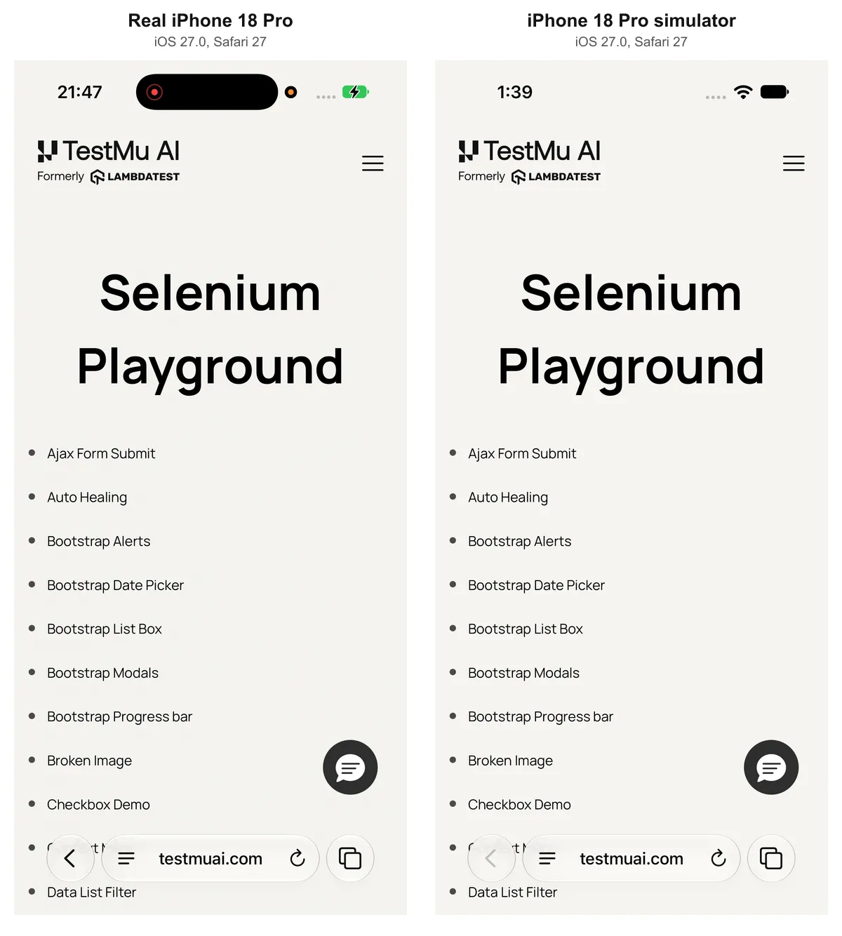 Real iPhone 18 Pro vs iPhone 18 Pro simulator on TestMu AI Selenium Playground in Safari on a real iPhone 18 Pro with the Dynamic Island visible, next to the iPhone 18 Pro simulator with no Dynamic Island drawn, both on iOS 27.0