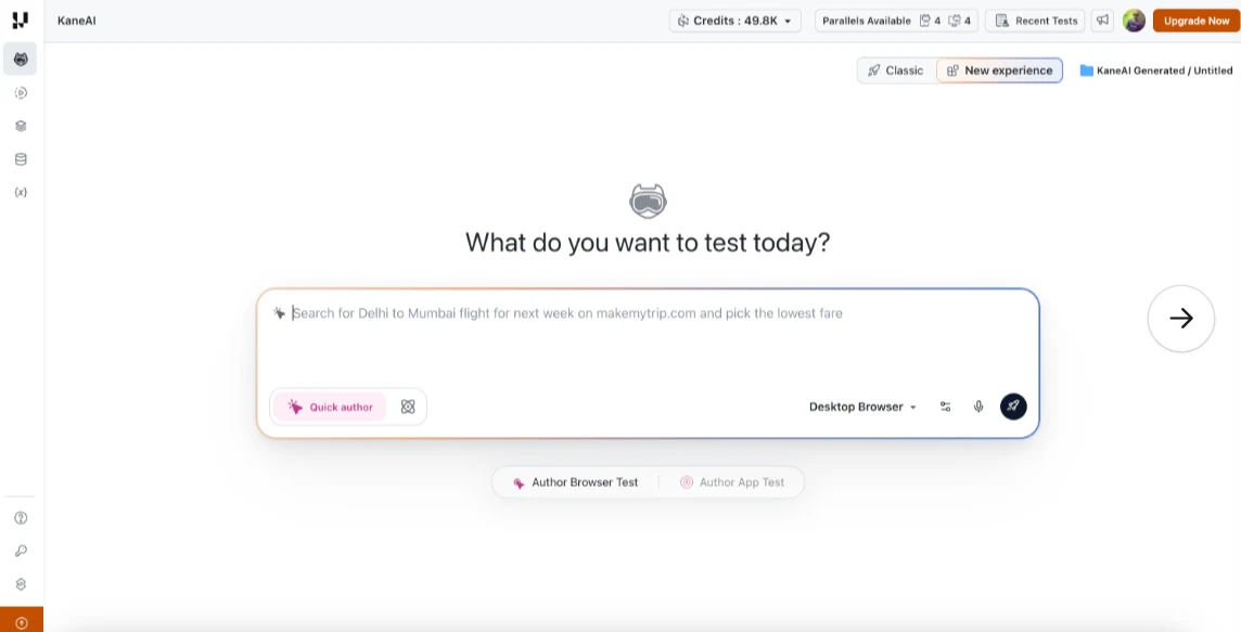The engine is picked at authoring time, and the choice travels with the test case KaneAI authoring screen with the Classic and New experience toggle at the top right and a Desktop Browser target selected