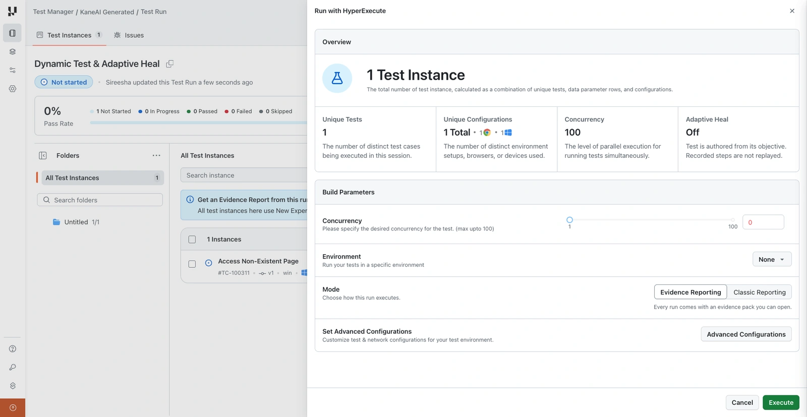 The strategy tile sits in the Overview, and Mode chooses Evidence or Classic reporting Run with HyperExecute panel showing the Adaptive Heal tile in the Overview and the Mode setting switched to Evidence Reporting