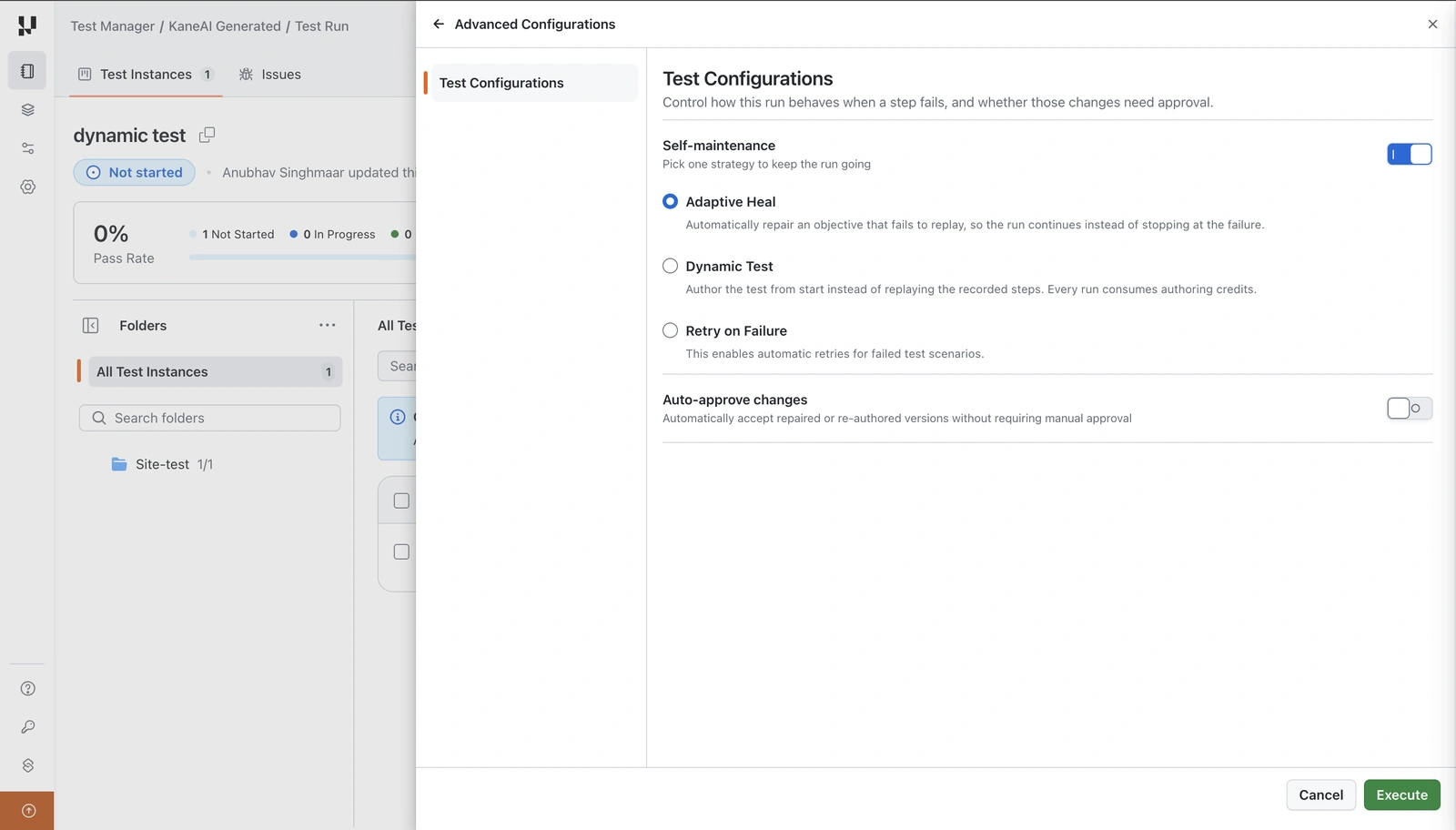 The run-level panel, the only place Retry on Failure appears Advanced Configurations panel on a test run showing Self-maintenance with Adaptive Heal, Dynamic Test and Retry on Failure, plus Auto-approve changes