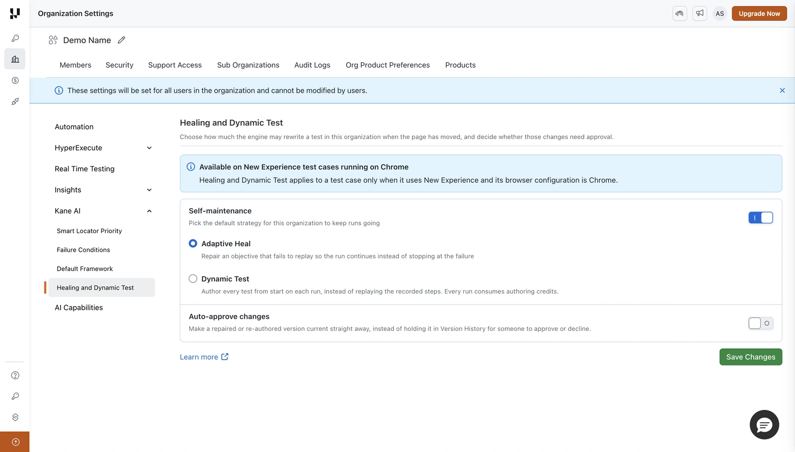 The organization-level default, with Adaptive Heal selected and auto-approve left off Organization Settings showing the Healing and Dynamic Test panel with Self-maintenance on, Adaptive Heal selected and Auto-approve changes off