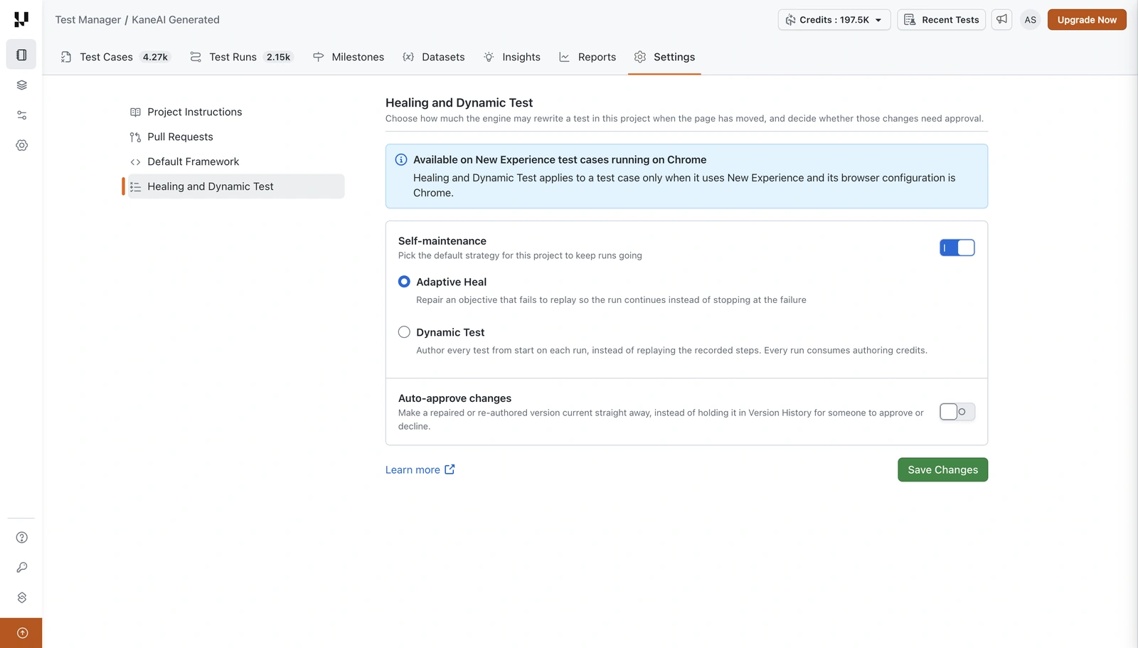The project-level default, which overrides the organization once it is changed here Project Settings in Test Manager showing the Healing and Dynamic Test panel with Adaptive Heal selected for the project