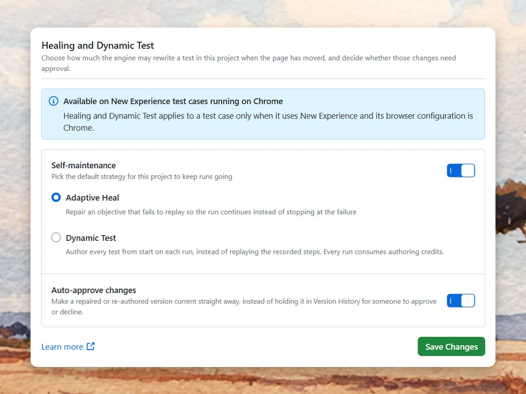 KaneAI Healing and Dynamic Test project settings with Self-maintenance on, Adaptive Heal selected and Auto-approve changes switched on
