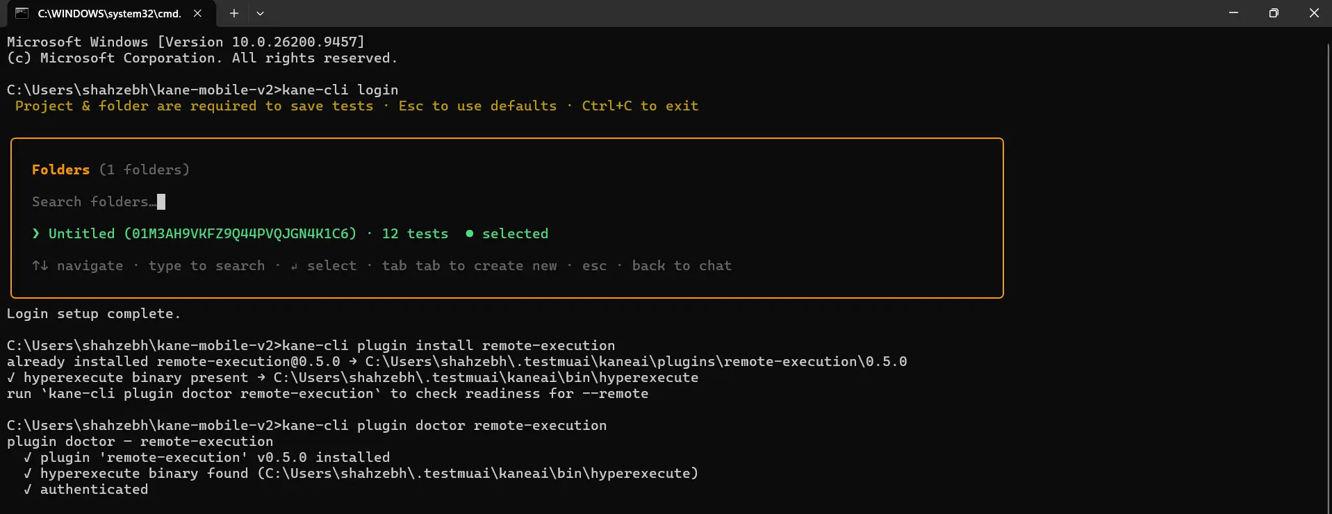 Installing and checking the Kane CLI remote-execution plugin Windows terminal running kane-cli login with the Test Manager folder picker, kane-cli plugin install remote-execution with v0.5.0 already installed, and kane-cli plugin doctor remote-execution with all three checks passing