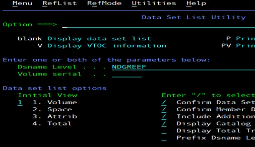 Sample 3270 green screen terminal session Sample IBM 3270 green screen terminal session showing the ISPF Data Set List Utility with option, Dsname Level, and data set list view fields