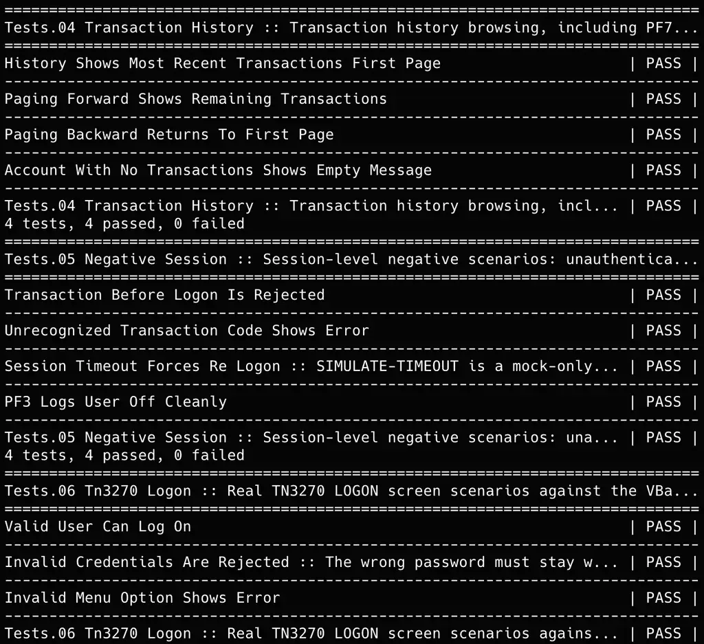 Local execution of the mainframe Robot Framework test suites Robot Framework mainframe test suites passing in a local terminal run, including transaction history, negative session, and TN3270 logon tests