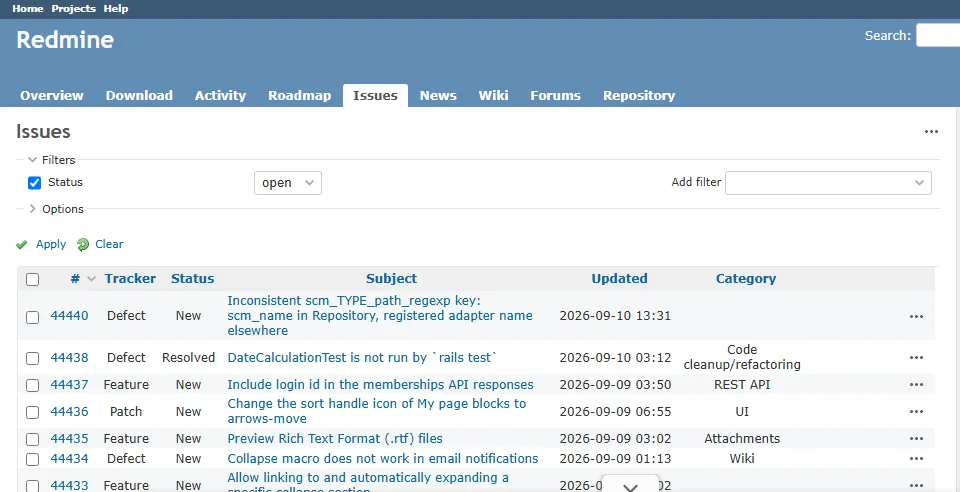 Redmine's public issue tracker, captured on the TestMu AI cloud in build 104492715 Redmine issue list on redmine.org filtered to open issues, with Tracker, Status, Subject, Updated, and Category columns