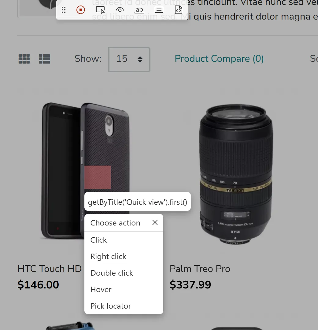 Codegen Choose action menu in Playwright 1.63 Playwright 1.63 codegen toolbar and the right-click Choose action menu with Click, Right click, Double click, Hover, and Pick locator options