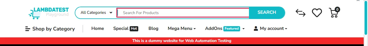 Search input found by getByRole Search For Products input on the eCommerce playground, outlined in red